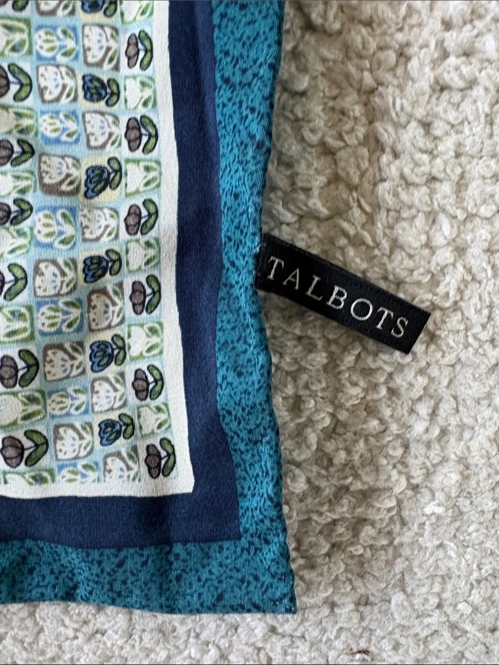 Vintage inspired Talbots Teal and Navy Floral Paisley Square silk Scarf